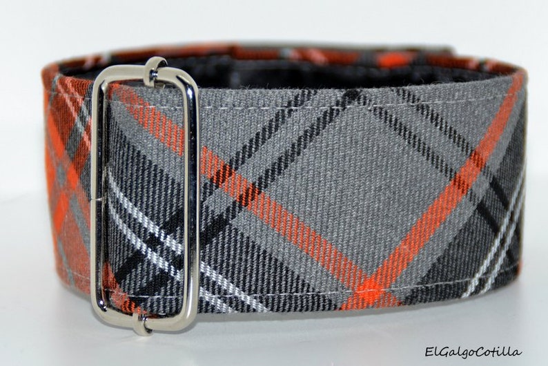 Martingale collar, Galgos Greyhound Dog, Adjustable Antiescape, Cotton tartan, English style, Grey Black White Orange image 2