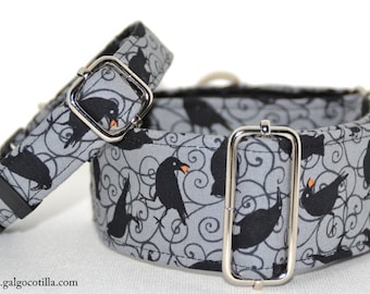 Holy Crows Martingale collar, Galgos Greyhound Dogs, Adjustable Antiescape, Cotton, Halloween, Grey Black Orange