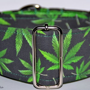 Puede incluir: Un collar para perros con un patrón repetido de hojas de cannabis verde brillante sobre un fondo negro. El collar tiene una hebilla y herrajes de metal plateado. El collar está hecho de tela.