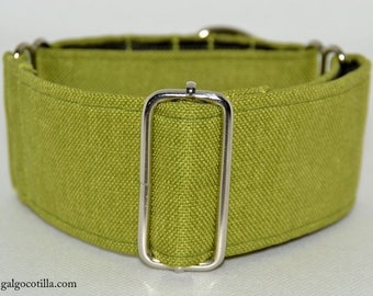May include: A wide, lime green dog collar with a silver-colored metal buckle and hardware. The collar is made of a textured fabric and is designed to be comfortable for the dog. The website www.galgocotilla.com is visible at the bottom.