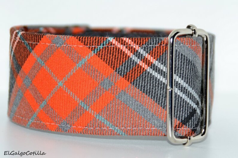 Martingale collar, Galgos Greyhound Dog, Adjustable Antiescape, Cotton tartan, English style, Grey Black White Orange image 3