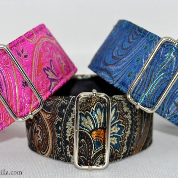 Martingale collar, Galgos Greyhound Dog, Adjustable Anti-escape, Brocade Jacquard, Black Orange Gold, Fuchsia Gold, Azure Blue Peacock