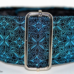 Martingale collar, Galgos Greyhound Dogs, Adjustable Antiescape, Brocade, Black Azure Blue, Elegant Bright Silky