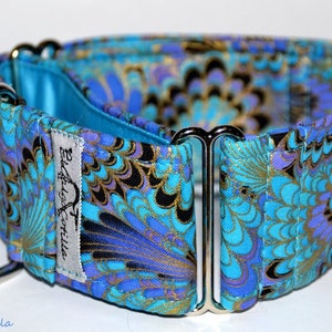 Martingale collar for galgos, greyhound, dogs, adjustable, antiescape,,cotton, peacock, azure turquoise blue gold