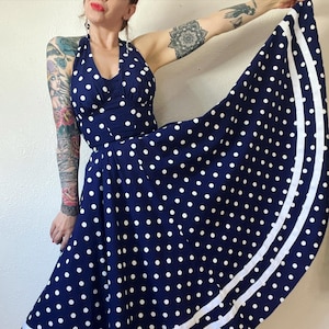 Vintage 1980’s does 1950’s navy & white polka dot halter dress with contour bust, dipped back, side pockets, circle skirt, Karen Alexander