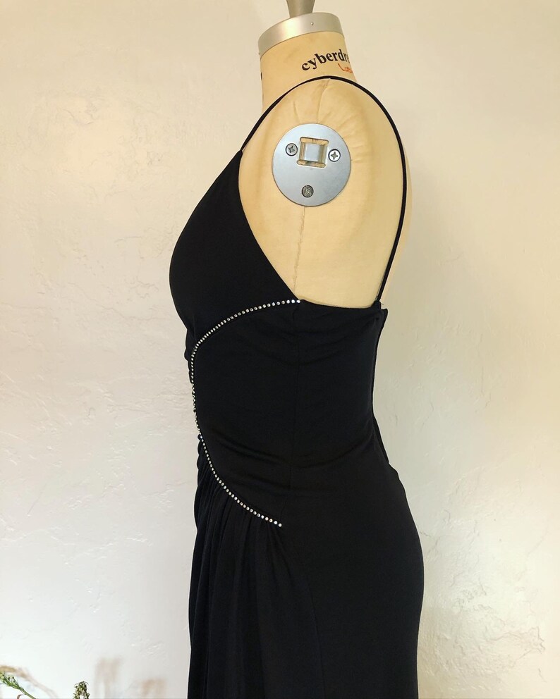 Sensational 1970\u2019s quintessential disco days rhinestone sunburst dress by Joy Stevens knit 70\u2019s dress 70s black dress