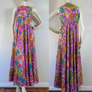 Vintage late 1960’s pastel rainbow watercolor floral jumpsuit with sweeping extra wide pant legs & pearl trimmed empire waist, palazzo image 9