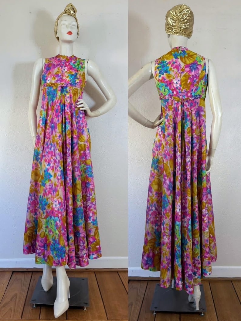 Vintage late 1960’s pastel rainbow watercolor floral jumpsuit with sweeping extra wide pant legs & pearl trimmed empire waist, palazzo image 9