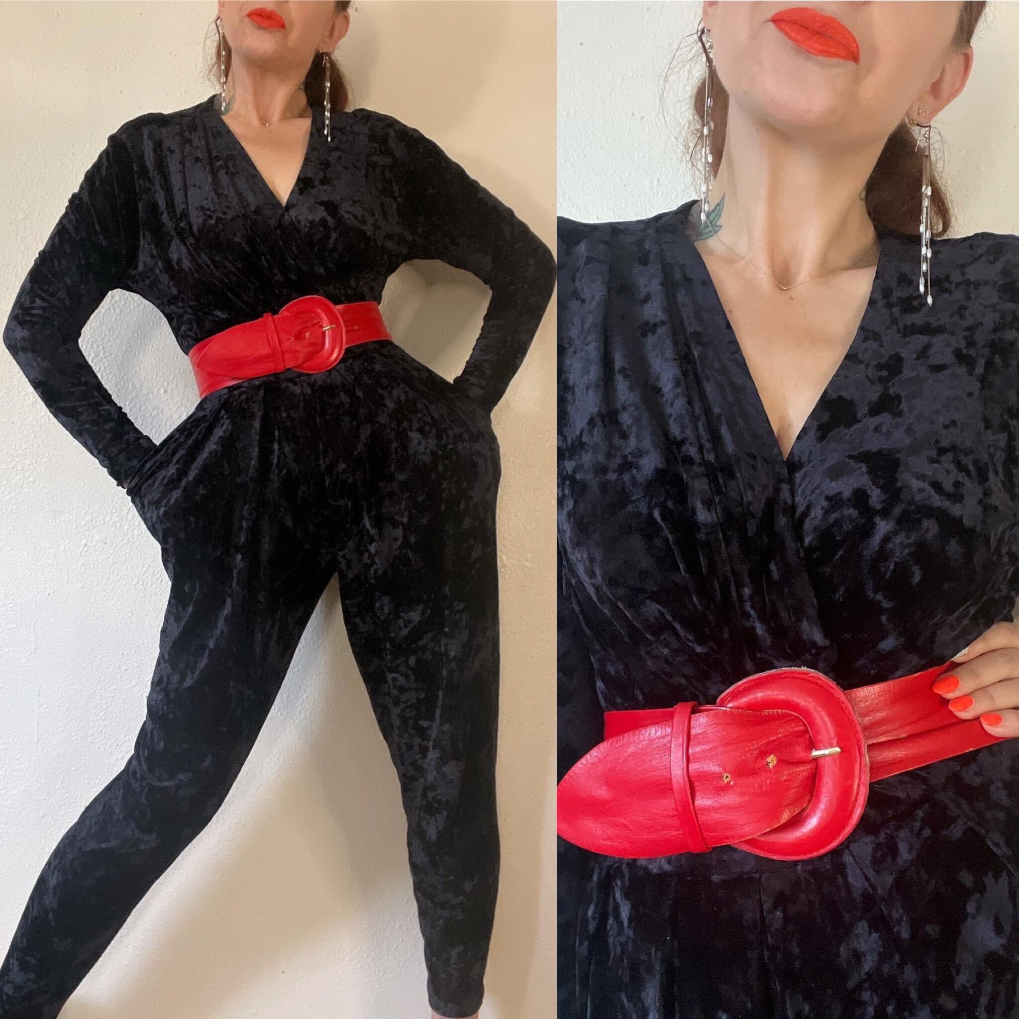 Vintage 1980's Black Crushed Velvet Jumpsuit With Dolman Vintage 1980's Black Crushed Velvet Jumpsuit With Dolman