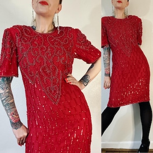 Vintage 1980’s true red silk art-deco embellished mini dress with red faux pearls, iridescent glass beads & translucent sequins