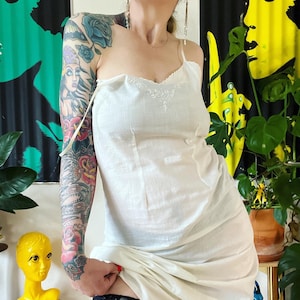 Antique 1920’s softest ivory cotton slip with scalloped neckline and fine embroidery details