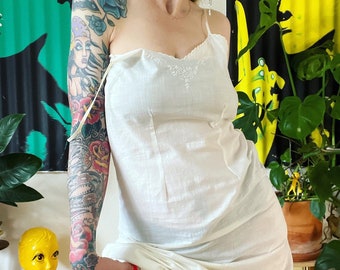 Antique 1920’s softest ivory cotton slip with scalloped neckline and fine embroidery details