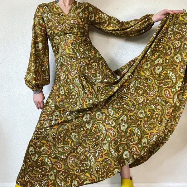 Vintage 1960’s/1970’s shades of mossy green, yellow and brown psychedelic floral paisley acetate maxi dress with balloon sleeve magic and th
