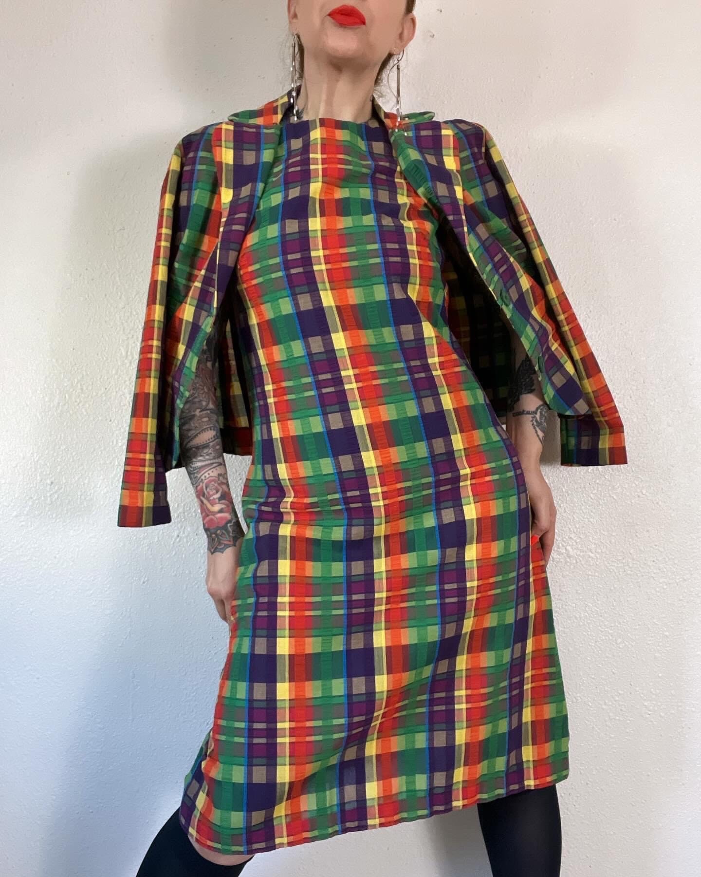 Vintage 1960's Rainbow Madras Plaid Seersucker Midi Dress & Jacket