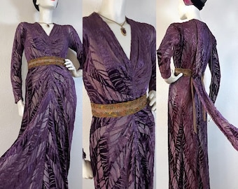 Rare Antique/Vintage 1930’s silver lamé & aubergine silk velvet feather like devoré gown with a dramatic shirred front, back sash swagger