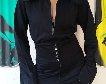 RARE - Incredible Vintage 1960’s/1970’s extra large dog ear collar, black double knit bell sleeve and leg, zip front jumpsuit