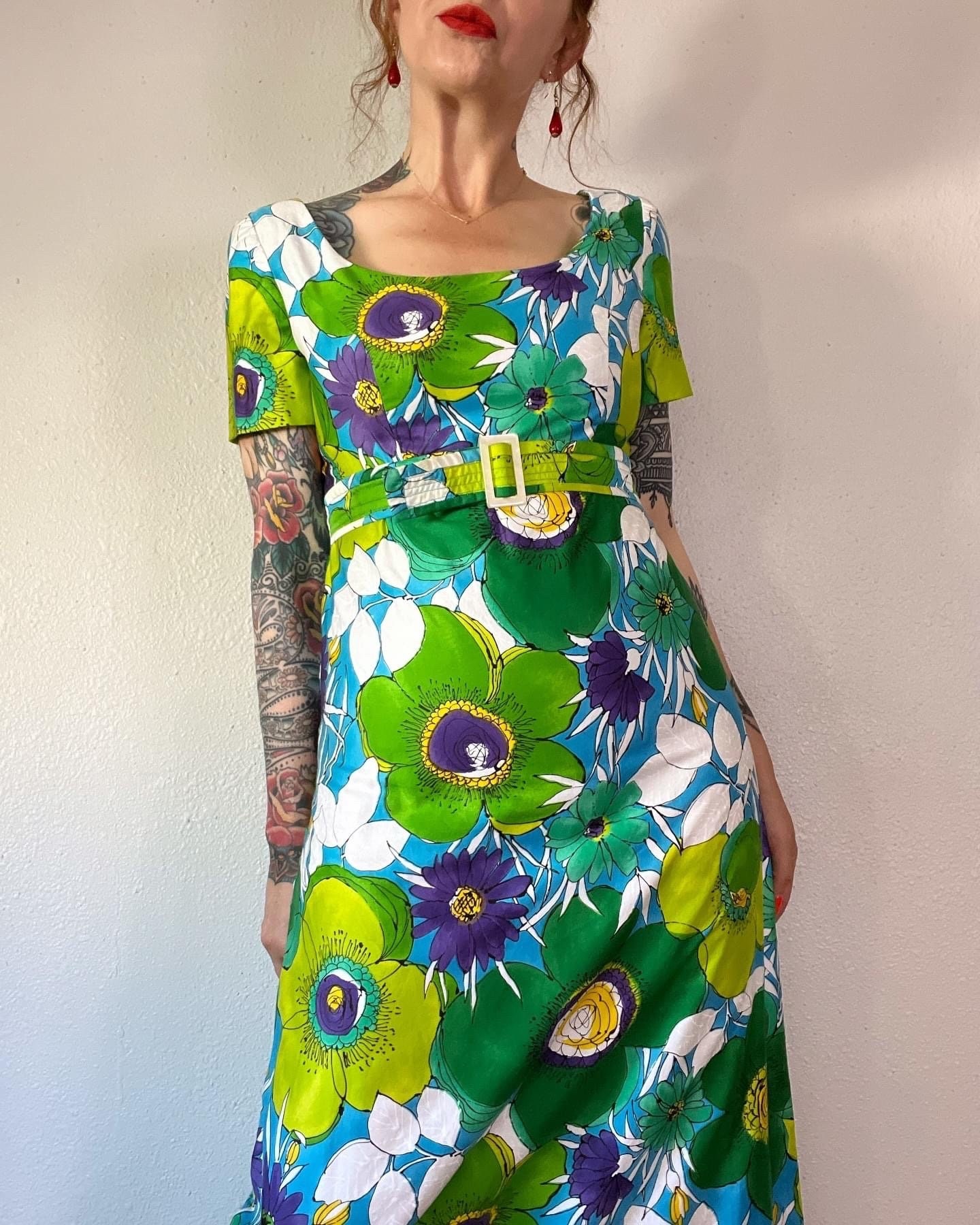Vintage 1960's Polished Cotton Bold Painterly Floral Empire
