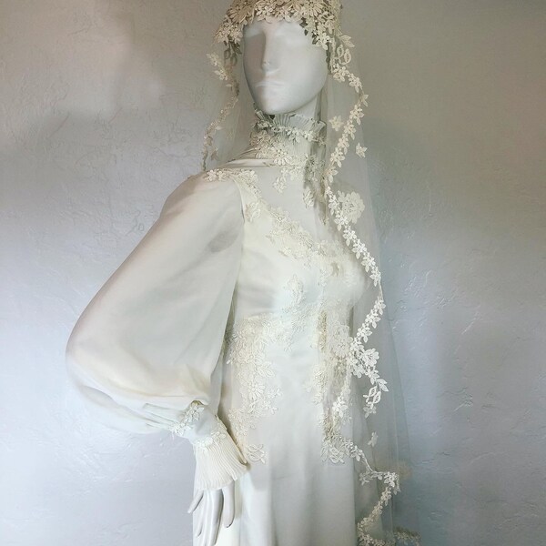 Vintage 1970’s ecru prairie high neck wedding gown and stunning coordinating floral lace veil by Montaldo’s, vintage floral lace wedding