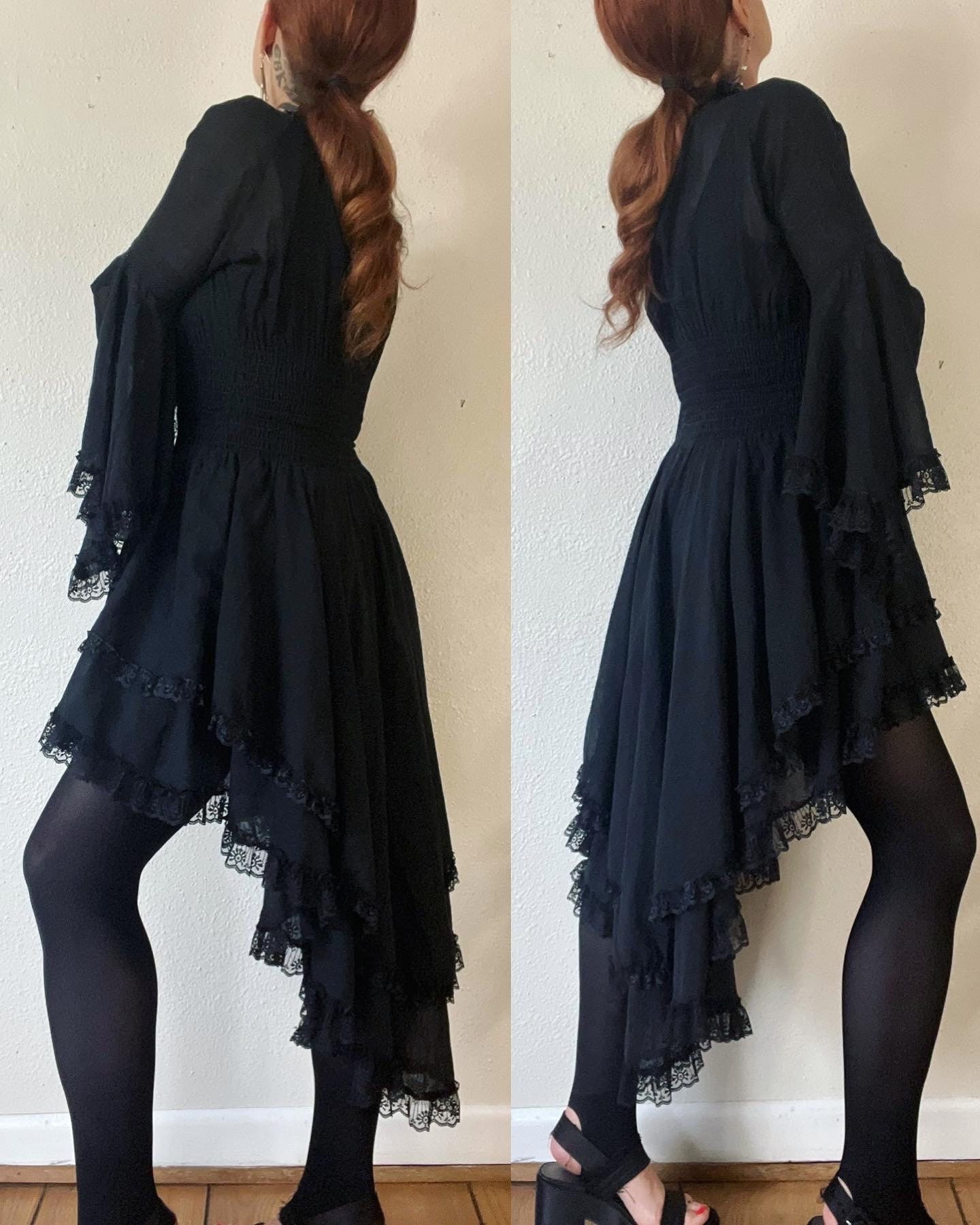 Vintage 1970's Black Tissue Weight Cotton and Lace Tapered