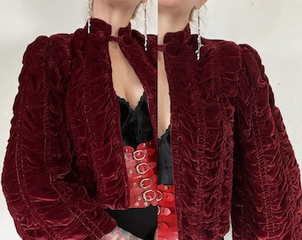Rare Antique/Vintage 1930’s crimson red velvet coffin pleated jacket with loop covered button closure, peaked shoulders & bell sleeves