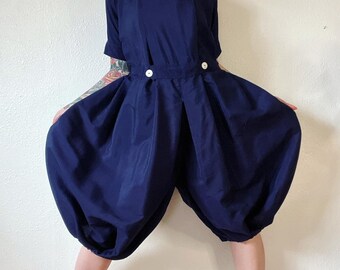 RARE Antique 1910’s rich navy wool/silk gymsuit/jumpsuit with bib front detail, pleating throughout and incredibly massive balloon legs, “Wi