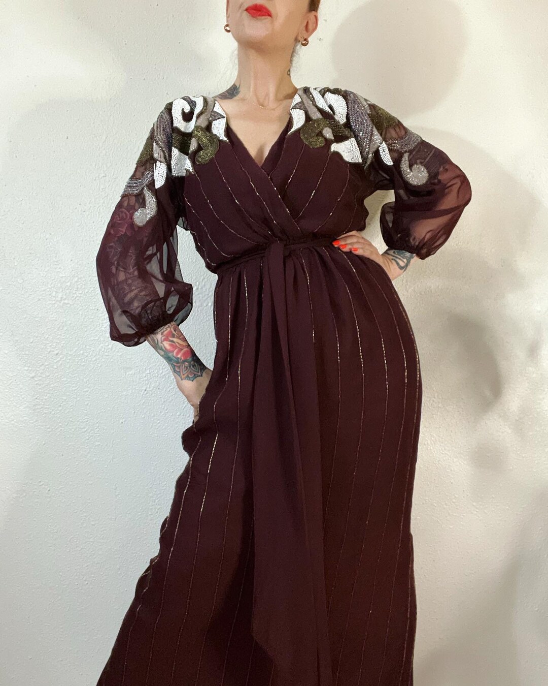 One-Shoulder Beaded Chiffon Long Sleeve Gown Vintage Mauve