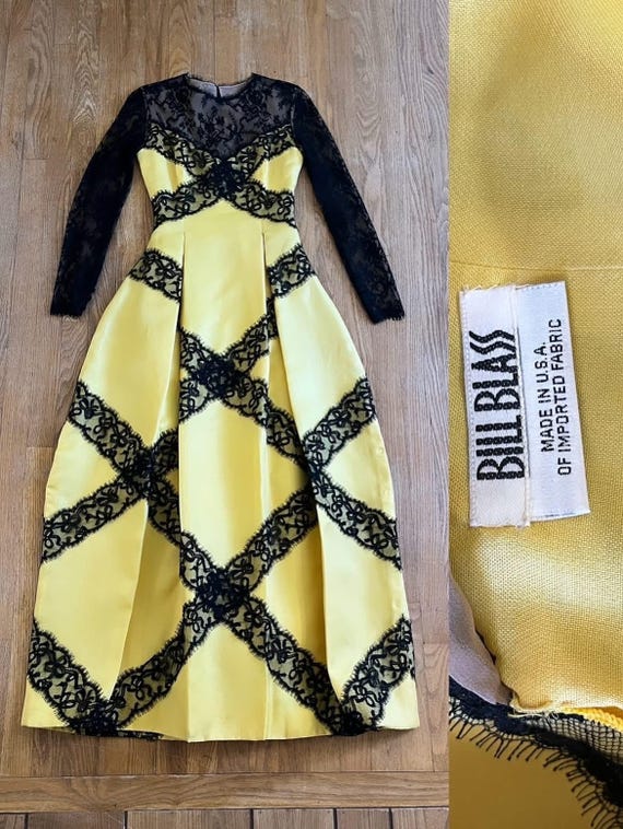 Designer Vintage 1970's Bill Blass Yellow & Black Silk and Lace Evening Gown with Illusion Neckline and The Most Incredible Sculpted Skirt