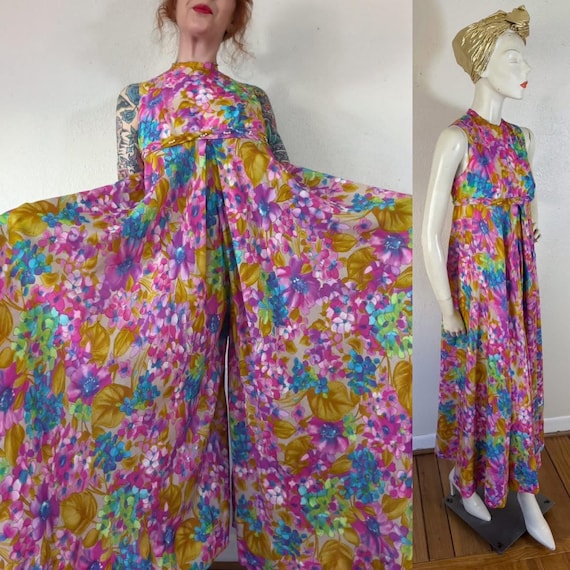 Vintage late 1960’s pastel rainbow watercolor floral jumpsuit with sweeping extra wide pant legs & pearl trimmed empire waist, palazzo