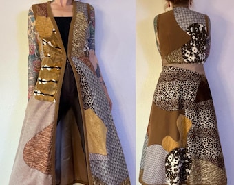 Rare Vintage early 1970’s Mountain Artisans abstract quilted faux fur, animal print, velvet + mixed material hostess duster/vest, lined in a
