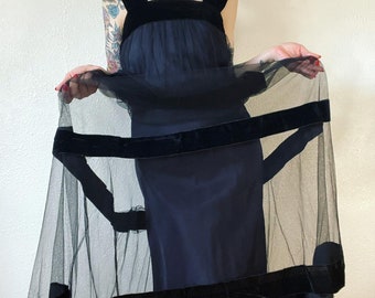 Antique/Vintage 1930’s black silk taffeta full length gown with tulle cage overlay, wide silk velvet ribbon trimmings, low back, and gathere