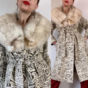 Vintage 1960’s shades of ivory & portobello jacquard tapestry trench coat with a massive fox fur collar, luxe silk lining, tie belt waist