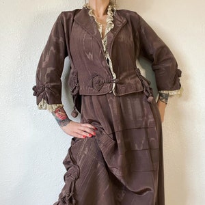 RARE Antique late 1800’s/early 1900’s dusty grey lavender silk moiré walking suit with pleating details galore, lacey ruffle trim and the