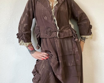 RARE Antique late 1800’s/early 1900’s dusty grey lavender silk moiré walking suit with pleating details galore, lacey ruffle trim and the
