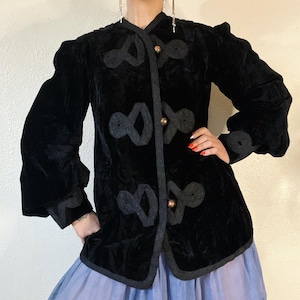 Antique Edwardian/Victorian black velvet jacket with stunning cloisonné buttons, braided rope details, blouson sleeves with extra wide cuffs
