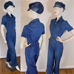 Vintage 1970er Jahre Succotash Denim-Jumpsuit mit Knopfleiste und Cinch-Back-Taille aus den 1970er Jahren, hergestellt in Hong Kong