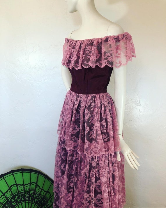 Vintage 1970s tiered pink lace over burgundy taff… - image 5