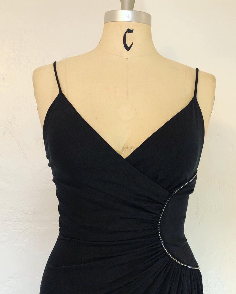 Sensational 1970\u2019s quintessential disco days rhinestone sunburst dress by Joy Stevens knit 70\u2019s dress 70s black dress