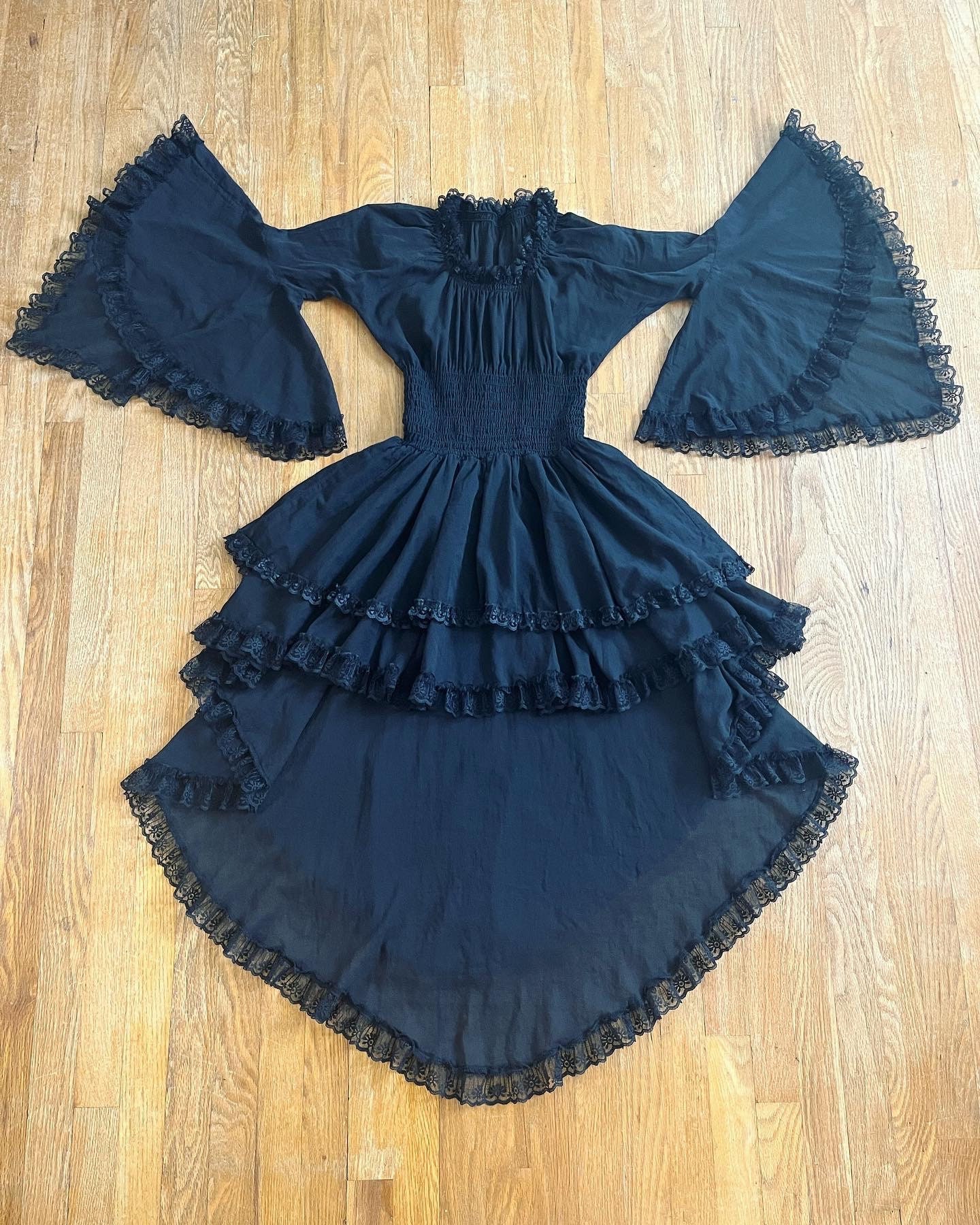 Vintage 1970's Black Tissue Weight Cotton and Lace Tapered