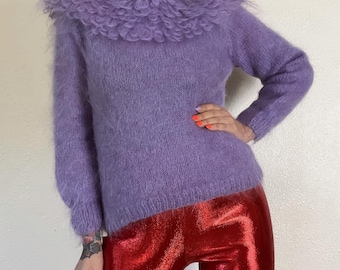 Vintage 1960s Bright Lilac Hand Knit Shaggy Mohair Sweater With 