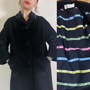 Vintage late 1950’s/early 1960’s Lilli Ann luxe black French woolen coat with silk ribbon candy stripe lining, raglan sleeves