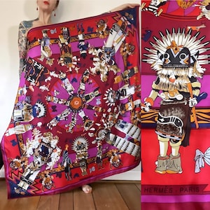 Designer Vintage 1990’s/y2k Hermès - Paris, & rare in size, silk “Kachinas” scarf by renowned US artist Kermit Oliver 53x52.5”