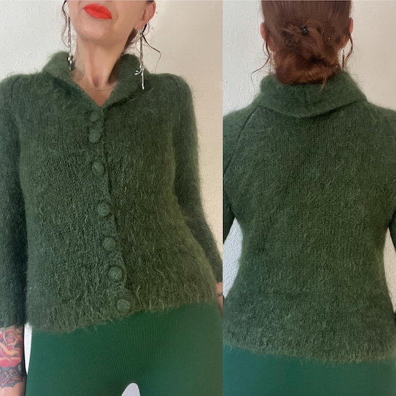 Vintage 1940’s/1950’s mossy green shaggy mohair h… - image 1