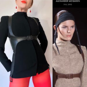 Rare Designer Vintage Alexander McQueen black gabardine & leather harness jacket from the F/W 2002 runway “supercalifragilistic”