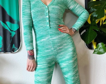 RARE Vintage 1970’s jade green and white spacedye sweater knit terry loop henley jumpsuit by The Knit Group - E Eysen