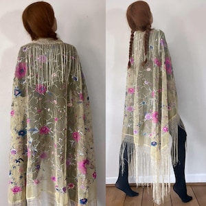 Rare Antique 1910’s/1920’s ivory silk net floral hand embroidered extra large piano shawl in vibrant shades of pink, blue & purple, fringe