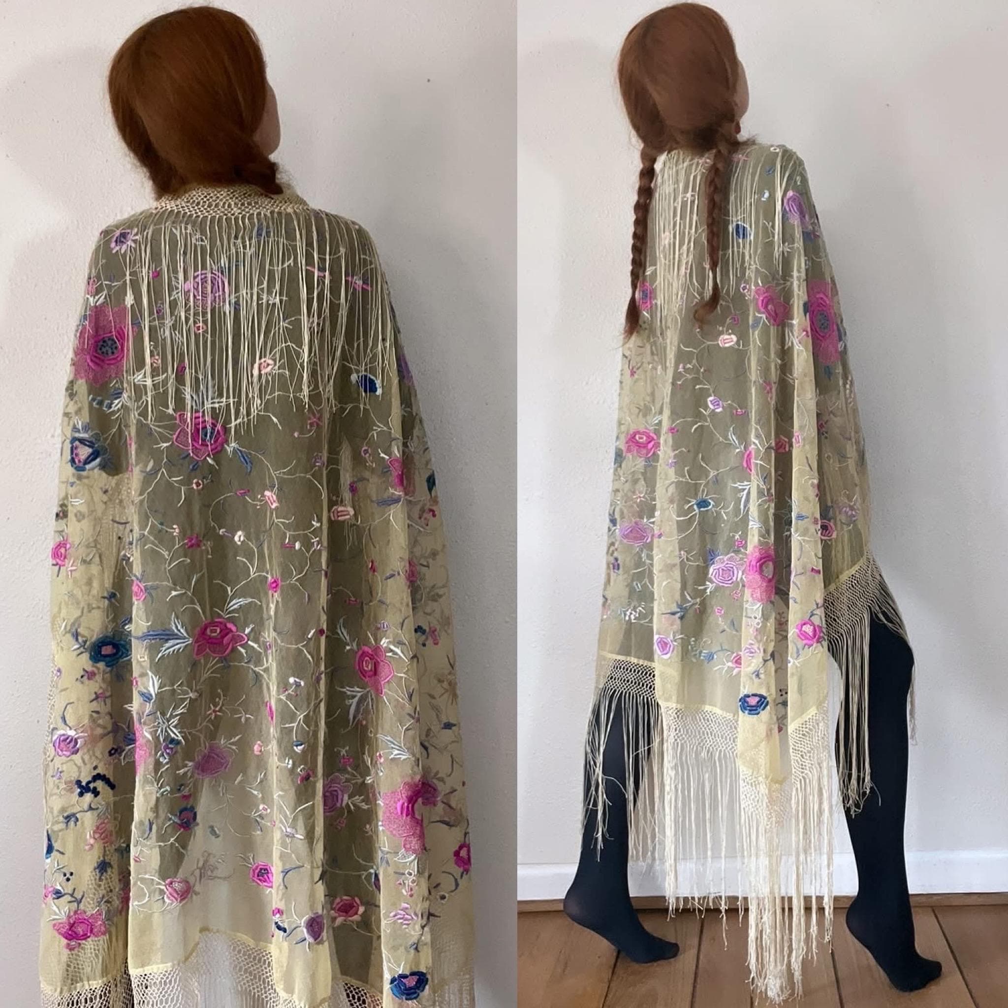 Rare Antique 1910's/1920's Ivory Silk Net Floral Hand Embroidered