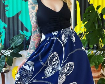 Vintage 1960’s bright navy blue and white retro butterfly print midi full skirt with single side pocket, by Alfred Shaheen