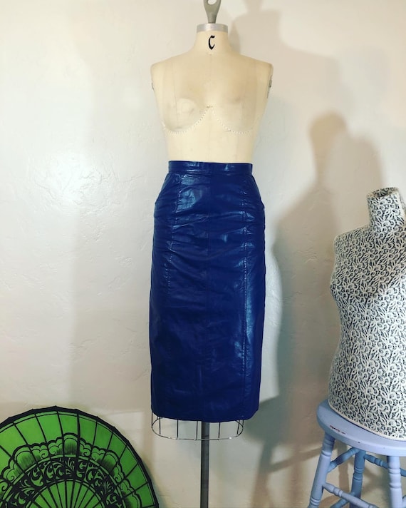 Vintage 1980’s blue leather pencil skirt, vintage