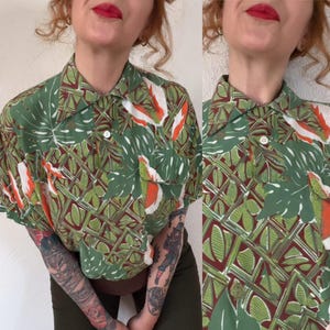 Rare Vintage 1940’s Bud Berma Palm print rayon Hawaiian loop collar gaucho shirt with dagger collar, single patch pocket, knit waistband