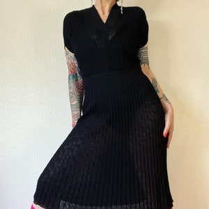Vintage I.Magnin late 1940’s/early 1950’s black DuPont Orlon by Kimberly wide nubby rib knit slip dress with crossover vneck line and dolman
